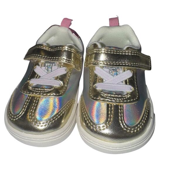 NWT Carters Toddler Girl Shoes Sz 4 Holographic with Gold Trim Easy On Walking - Picture 2 of 6
